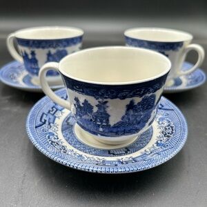 Churchill blue willow Blue and White Porcelain Teacups and saucers. Set of 3